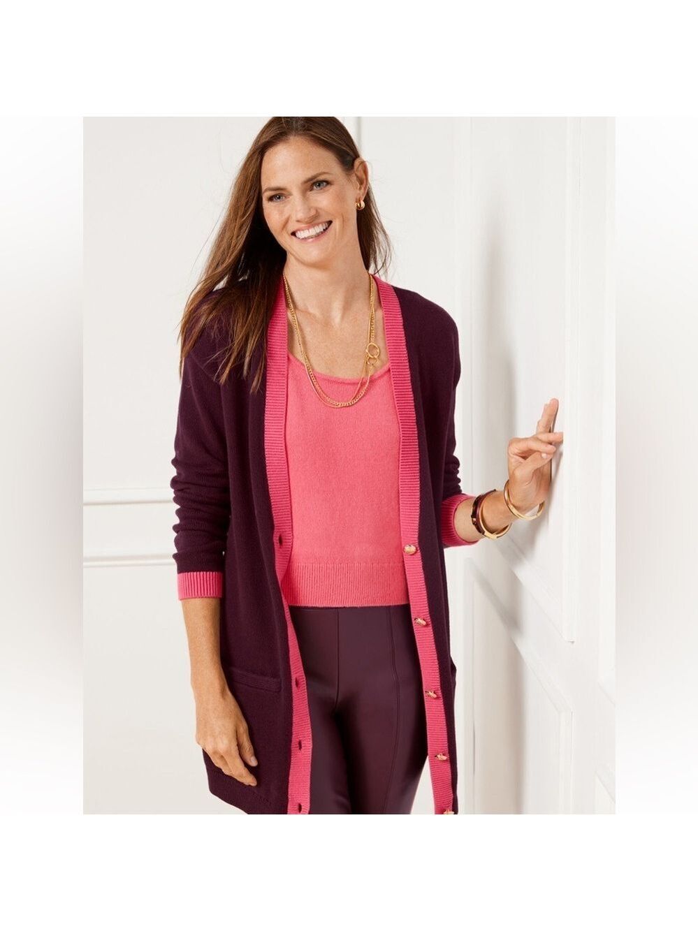 New Talbots V-Neck Tipped Cotton Burgundy Grandpa Cardigan Boyfriend Sweater MP - Picture 3 of 13